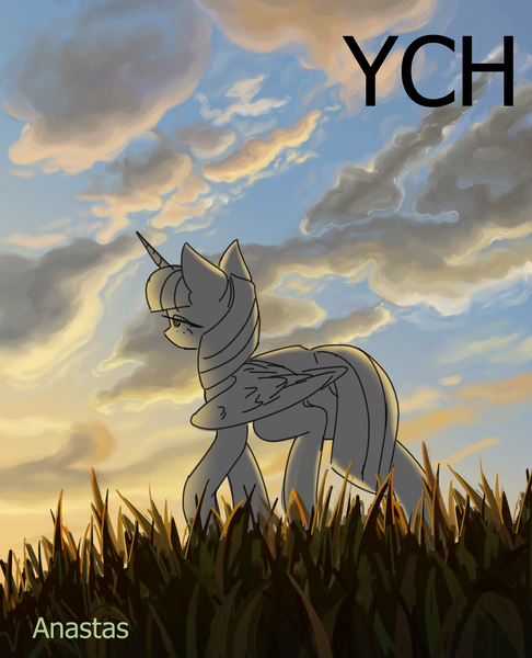 Size: 3000x3700 | Tagged: safe, artist:anastas, derpibooru import, alicorn, pegasus, pony, unicorn, cloud, cloudy, commission, detailed background, female, folded wings, from below, grass, grass field, horn, image, png, raised hoof, sketch, solo, sunset, walking, wings, your character here