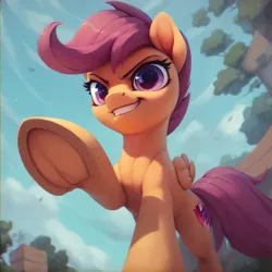 Size: 1024x1024 | Tagged: safe, ai content, derpibooru import, machine learning generated, scootaloo, pegasus, pony, detailed, fetish, frog (hoof), g4, image, imminent crushing, looking at you, looking down, looking down at, low angle, offscreen character, png, ponyville, pov, raised hoof, smiling, underhoof