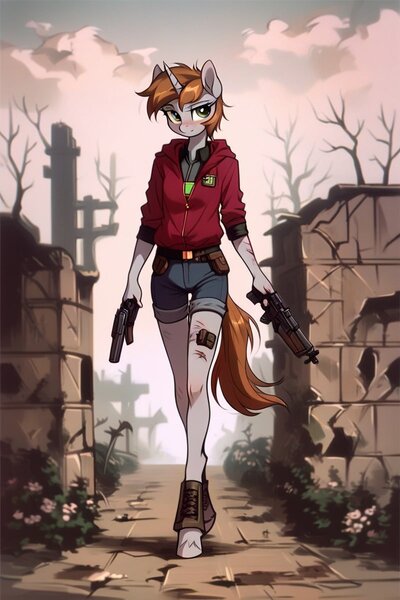 Size: 800x1200 | Tagged: safe, ai content, anonymous prompter, derpibooru import, machine learning generated, oc, oc:littlepip, unofficial characters only, anthro, unguligrade anthro, unicorn, fallout equestria, blood, blushing, clothes, female, gun, hoodie, horn, image, jpeg, looking at you, solo, solo female, wasteland, weapon