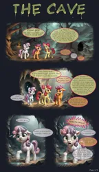 Size: 3480x6040 | Tagged: safe, ai content, derpibooru import, machine learning assisted, machine learning generated, part of a set, stable diffusion, apple bloom, scootaloo, sweetie belle, earth pony, goo, pegasus, pony, unicorn, blank flank, bow, cave, comic, cutie mark crusaders, everfree forest, female, filly, foal, generator:pony diffusion v6 xl, hair bow, horn, image, png, puddle, slime, startled, trio, trio female