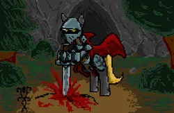 Size: 1055x686 | Tagged: grimdark, artist:damset, derpibooru import, oc, oc:titanium, unofficial characters only, earth pony, armor, armored pony, blood, cave, cloak, clothes, forest, grass, image, mountain, ms paint, nature, pixel art, png, sword, tree, weapon