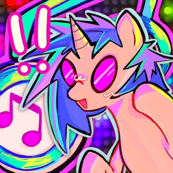 Size: 2048x2048 | Tagged: safe, artist:zoqiie, derpibooru import, vinyl scratch, pony, unicorn, abstract background, blush lines, blushing, exclamation point, female, g4, glasses, headphones, high res, horn, image, jpeg, mare, open mouth, open smile, outline, smiling, solo, vinyl's glasses