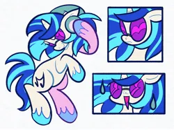 Size: 2048x1536 | Tagged: safe, artist:squidbly, derpibooru import, vinyl scratch, pony, unicorn, colored hooves, female, g4, glasses, headphones, horn, image, jpeg, mare, open mouth, open smile, simple background, smiling, solo, sweat, sweatdrop, unshorn fetlocks, vinyl's glasses, white background