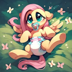 Size: 1024x1024 | Tagged: safe, ai content, derpibooru import, machine learning generated, prompter:blue light, stable diffusion, fluttershy, butterfly, insect, pegasus, cute, diaper, diaper fetish, fetish, generator:purplesmart.ai, grass, image, lying down, non-baby in diaper, pacifier, png, solo