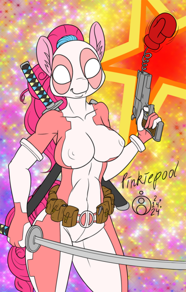 Size: 957x1500 | Tagged: suggestive, alternate version, artist:sepiakeys, derpibooru import, pinkie pie, anthro, earth pony, breasts, clothes, cosplay, costume, deadpool, erect nipples, female, g4, gwenpool, image, katana, marvel, nipple outline, pinkiepool, png, solo, solo female, sword, weapon