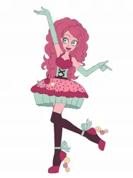 Size: 1536x2048 | Tagged: safe, artist:haibaratomoe, derpibooru import, pinkie pie, equestria girls, alternate hairstyle, clothes, cute, diapinkes, dress, evening gloves, female, g4, gloves, high heels, image, jpeg, long gloves, open mouth, shoes, simple background, socks, solo, stockings, thigh highs, waving, white background