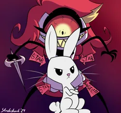 Size: 1292x1203 | Tagged: safe, artist:strebiskunk, derpibooru import, angel bunny, demon, rabbit, animal, arrow, crossed arms, crossover, duo, duo male and female, female, furrowed brow, gradient background, hazbin hotel, image, jpeg, knife, male, name pun, niffty, sharp teeth, signature, teeth, text, this will end in death
