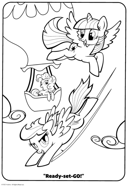 Size: 2093x3035 | Tagged: safe, derpibooru import, official, pinkie pie, rainbow dash, twilight sparkle, twilight sparkle (alicorn), alicorn, earth pony, pegasus, pony, black and white, cloud, coloring book, coloring page, female, flying, g4, grayscale, grin, hot air balloon, image, mare, monochrome, motion lines, png, racing, sky, smiling, speed lines, spread wings, stock vector, trio, trio female, wings