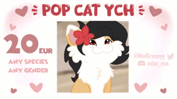 Size: 1920x1080 | Tagged: safe, artist:euspuche, derpibooru import, oc, oc:liliya krasnyy, unofficial characters only, cat, cat pony, earth pony, original species, animated, commission, flower, flower in hair, gif, image, looking at you, pop, pop cat, smiling, text, ych animation, ych example, ych result, your character here
