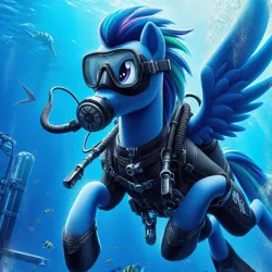 Size: 1024x1024 | Tagged: safe, ai content, derpibooru import, machine learning generated, prompter:sonicstreak5344, oc, dolphin, fish, pegasus, pony, bubble, crepuscular rays, dive mask, feather, flippers (gear), flowing mane, flowing tail, generator:bing image creator, generator:dall-e 3, goggles, hoof shoes, image, jpeg, male, manta ray, ocean, pegasus oc, scuba diving, scuba gear, solo, spread wings, stallion, stallion oc, sunlight, swimming, tail, underwater, water, wetsuit, wings