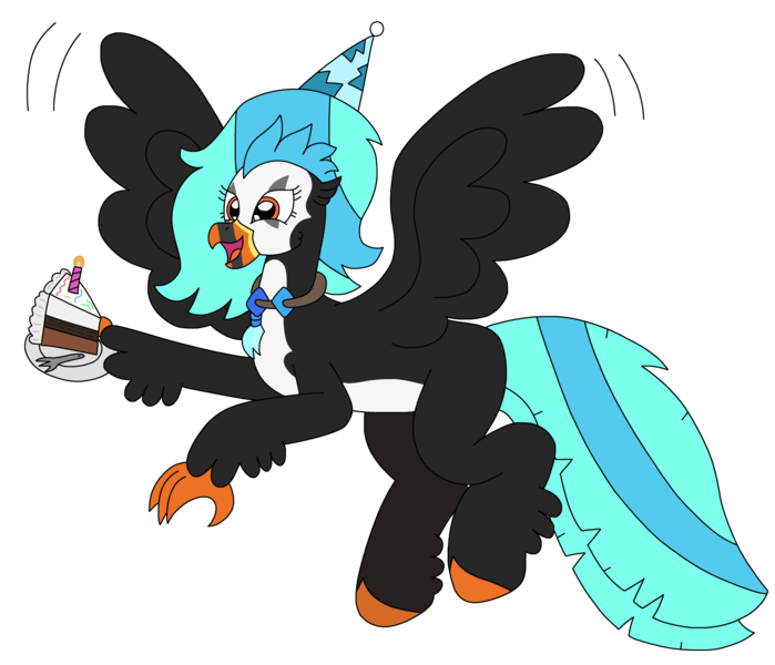Size: 2706x2323 | Tagged: safe, artist:supahdonarudo, derpibooru import, oc, oc:icebeak, unofficial characters only, classical hippogriff, hippogriff, birthday, birthday cake, cake, candle, flying, food, fork, hat, holding, image, jewelry, necklace, party hat, plate, png, simple background, transparent background