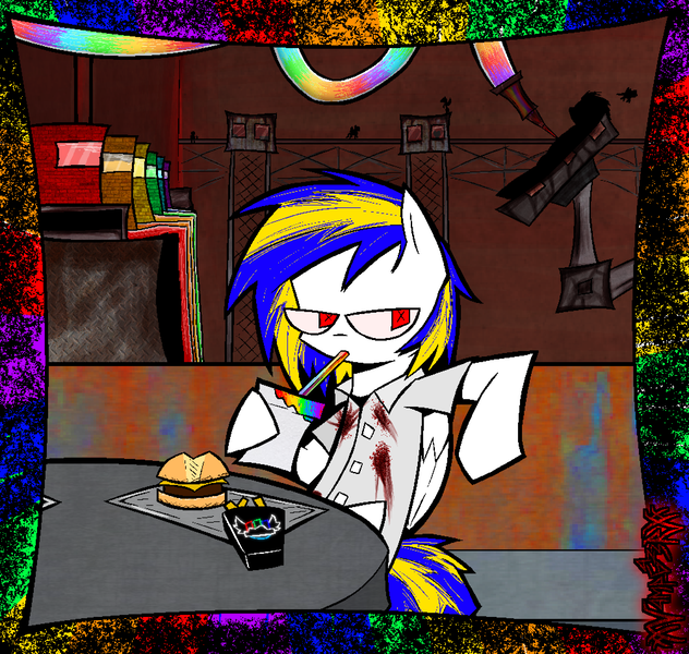 Size: 2006x1904 | Tagged: grimdark, artist:xxv4mp_g4z3rxx, derpibooru import, oc, unofficial characters only, pegasus, pony, fanfic:rainbow factory, blood, blood stains, burger, cheeseburger, drink, drinking, eating, factory, fanfic art, food, french fries, hamburger, image, lunch break, machinery, murder, png, rainbow, red eyes, rust, seat, signature, solo, straw, syringe, table, tail, tray, tubes, two toned mane, two toned tail, white coat