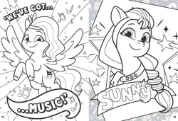 Size: 2000x1369 | Tagged: safe, derpibooru import, official, pipp petals, sunny starscout, earth pony, pegasus, g5, my little pony: tell your tale, 2d, coloring book, coloring page, cutie mark, flying, image, jpeg, looking at you, merchandise, page, sheet, smiling, smiling at you, standing, stars