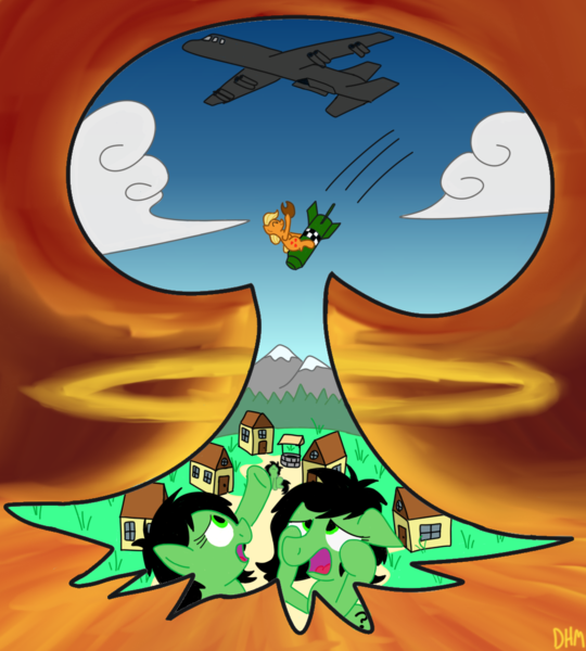 Size: 1031x1146 | Tagged: safe, artist:dhm, derpibooru import, applejack, oc, oc:anonfilly, pony, atomic bomb, bomb, bomber, commission, digital art, dr. strangelove, explosion, falling, female, filly, fireball, grass, horror, house, image, imminent death, jet, looking up, mountain, movie reference, mushroom cloud, nuclear weapon, plane, png, pointing, riding, scared, town, village, war, weapon, well, yeehaw
