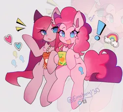 Size: 2195x2004 | Tagged: safe, artist:emoboy130, derpibooru import, pinkie pie, earth pony, pony, alternate cutie mark, blue eyes, chest fluff, curly mane, curly tail, duality, duo, duo female, exclamation point, eye clipping through hair, eyebrows, eyebrows visible through hair, eyelashes, female, g4, gray background, heart, hoof hold, image, jpeg, juice, juice box, looking at someone, mare, open mouth, open smile, pink coat, pink mane, pink tail, pinkamena diane pie, rainbow, raised hoof, self paradox, self ponidox, shiny hoof, signature, simple background, sitting, smiling, straight mane, straight tail, tail, watermark, wingding eyes, zoom layer