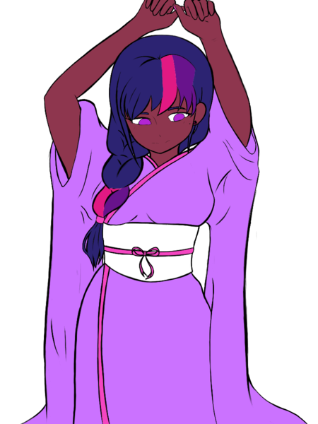 Size: 768x1024 | Tagged: safe, artist:icey-wicey-1517, artist:lunathekitsunegirl, artist:metaruscarlet, color edit, derpibooru import, edit, twilight sparkle, g4, alternate hairstyle, belt, clothes, collaboration, colored, dark skin, ear piercing, earring, female, image, jewelry, kimono (clothing), nail polish, piercing, png, simple background, solo, transparent background