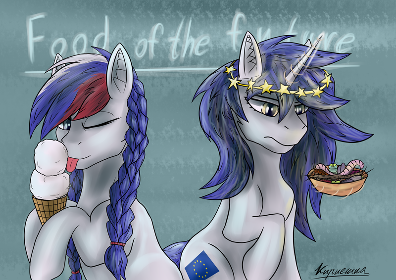 Size: 4093x2894 | Tagged: safe, artist:kirieshka, derpibooru import, oc, oc:marussia, ponified, unofficial characters only, insect, pony, unicorn, duo, english, eu, food, horn, ice cream, image, nation ponies, plate, png, politics, russia, unicorn oc