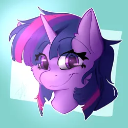 Size: 2000x2000 | Tagged: safe, artist:ermecg, derpibooru import, twilight sparkle, pony, unicorn, eye clipping through hair, eyebrows, eyebrows visible through hair, eyes open, female, gradient background, horn, image, looking at you, png, smiling, smiling at you, solo, unicorn twilight