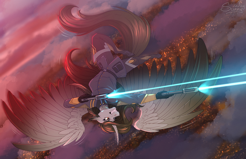 Size: 1600x1036 | Tagged: safe, artist:sunny way, derpibooru import, alicorn, anthro, pony, angry, art, artwork, city, commission, digital art, epic, female, finished commission, flying, guard, guardian, gun, handgun, horn, image, mare, outfit, pistol, png, shooting, solo, sunset, weapon, wings