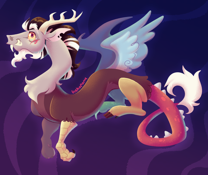 Size: 1280x1081 | Tagged: safe, artist:bishopony, derpibooru import, discord, draconequus, arm fluff, beard, blue eyes, blushing, colored eyebrows, colored sclera, facial hair, g4, gradient background, image, in air, lineless, male, mismatched horns, neck fluff, patterned background, png, profile, signature, smiling, solo, spread wings, tail, tail fluff, torn ear, two toned hair, wingding eyes, wings, yellow sclera