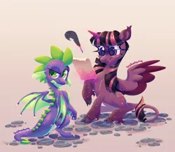 Size: 2601x2268 | Tagged: safe, artist:bishopony, derpibooru import, spike, twilight sparkle, twilight sparkle (alicorn), alicorn, classical unicorn, dragon, pony, unicorn, blush scribble, blushing, cloven hooves, duo, duo male and female, female, freckles, g4, gradient background, high res, horn, image, jpeg, leonine tail, levitation, looking back, magic, male, mare, parchment, quill, sitting, spread wings, telekinesis, unshorn fetlocks, winged spike, wings
