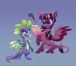 Size: 2601x2268 | Tagged: safe, alternate version, artist:bishopony, derpibooru import, spike, twilight sparkle, twilight sparkle (alicorn), alicorn, classical unicorn, dragon, pony, unicorn, blush scribble, blushing, cloven hooves, duo, duo male and female, female, freckles, g4, gradient background, high res, horn, image, jpeg, leonine tail, levitation, looking back, magic, male, mare, parchment, quill, sitting, spread wings, tail, telekinesis, unshorn fetlocks, winged spike, wings
