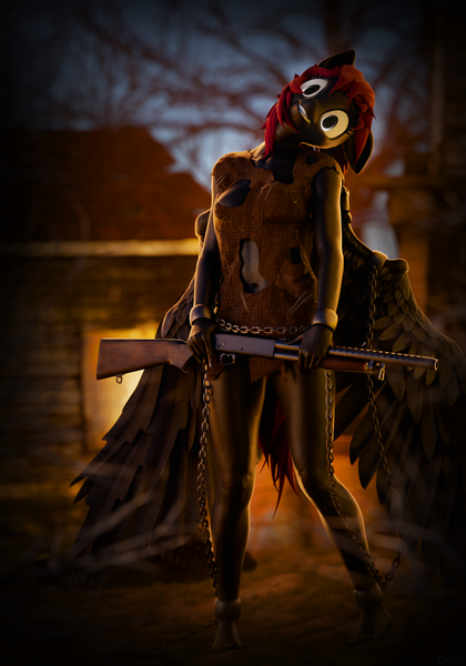 Size: 4000x5708 | Tagged: semi-grimdark, suggestive, artist:dark-fic, derpibooru import, oc, unofficial characters only, anthro, pegasus, fallout equestria, 3d, blender, blender cycles, chained, chains, clothes, crazy face, faic, female, gun, image, imminent death, png, red hair, shotgun, weapon, wings