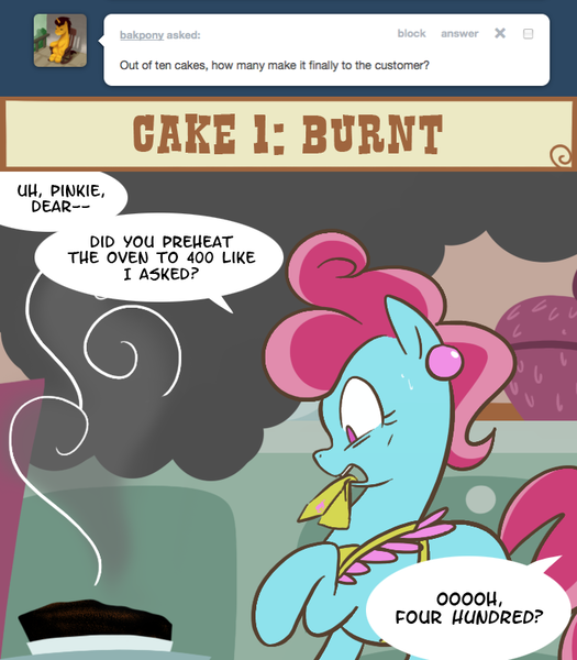 Size: 700x800 | Tagged: safe, artist:egophiliac, derpibooru import, cup cake, earth pony, pony, slice of pony life, ask, baking, burned, dialogue, female, g4, image, implied pinkie pie, mare, offscreen character, png, smoke, solo, speech bubble, tumblr