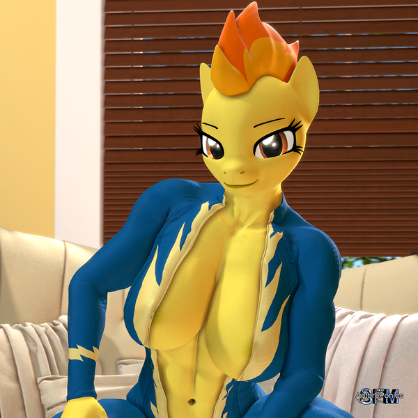 Size: 1080x1080 | Tagged: suggestive, artist:anthroponiessfm, derpibooru import, spitfire, anthro, 3d, abs, absolute cleavage, areola, belly button, big breasts, breasts, busty spitfire, chad, cleavage, clothes, female, image, looking at you, muscles, muscular female, png, solo, solo female, source filmmaker, uniform, wonderbolts uniform