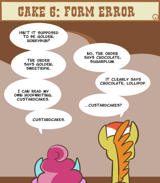 Size: 700x800 | Tagged: safe, artist:egophiliac, derpibooru import, carrot cake, cup cake, earth pony, pony, slice of pony life, dialogue, duo, duo male and female, female, g4, image, male, mare, png, speech bubble, stallion, the cakes