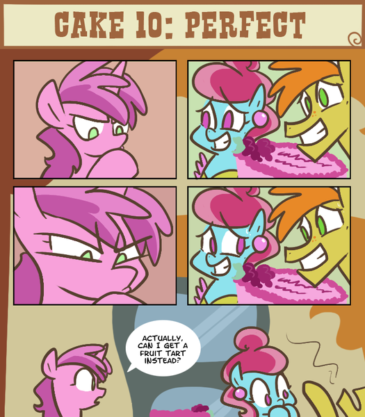 Size: 700x800 | Tagged: safe, artist:egophiliac, derpibooru import, carrot cake, cup cake, ruby pinch, earth pony, pony, unicorn, slice of pony life, cake, comic, dialogue, female, food, g4, horn, image, male, mare, older, older ruby pinch, png, speech bubble, stallion, the cakes