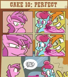 Size: 700x800 | Tagged: safe, artist:egophiliac, derpibooru import, carrot cake, cup cake, ruby pinch, earth pony, pony, unicorn, slice of pony life, cake, comic, dialogue, female, food, g4, horn, image, male, mare, older, older ruby pinch, png, speech bubble, stallion, the cakes