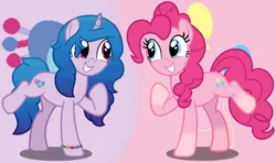 Size: 1458x866 | Tagged: safe, artist:princessyanderequinn, derpibooru import, izzy moonbow, pinkie pie, earth pony, pony, unicorn, g5, cutie mark, element of creativity, element of laughter, female, g4, g4 to g5, generation leap, horn, image, izzy and her heroine, png