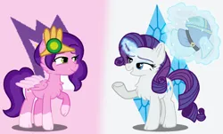 Size: 1452x878 | Tagged: safe, artist:princessyanderequinn, derpibooru import, pipp petals, rarity, pegasus, pony, unicorn, g5, cutie mark, element of confidence, element of generosity, female, g4, g5 to g4, generation leap, horn, image, pipp and her heroine, png