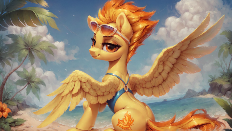 Size: 2592x1464 | Tagged: prompter needed, safe, ai content, derpibooru import, machine learning generated, stable diffusion, spitfire, pegasus, pony, beach, clothes, cloud, ear fluff, female, flower, g4, image, lidded eyes, mare, ocean, outdoors, palm tree, png, sitting, sky, smiling, solo, spread wings, sunglasses, sunglasses on head, tree, water, wings