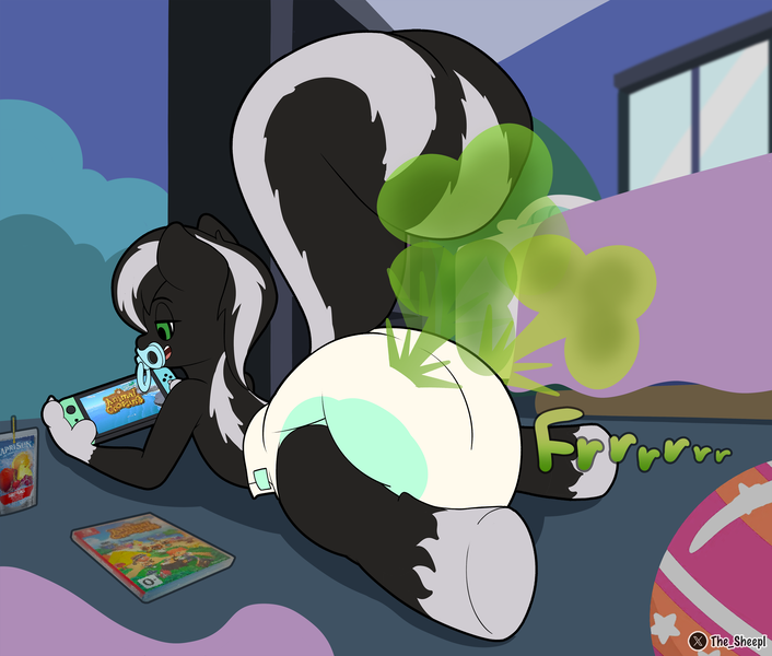 Size: 3689x3137 | Tagged: questionable, alternate version, artist:thesheepl, derpibooru import, oc, oc:zenawa skunkpony, unofficial characters only, earth pony, hybrid, pony, skunk, skunk pony, animal crossing, animal crossing: new horizons, bed, bedroom, claws, colt, diaper, diaper butt, diaper fetish, earth pony oc, fart, fart cloud, fart fetish, fart noise, fetish, foal, frog (hoof), gaming, gassy, hybrid oc, image, juice, lidded eyes, lying down, male, nintendo, nintendo switch, non-baby in diaper, onomatopoeia, open mouth, pacifier, paws, png, poofy diaper, prone, raised tail, rear view, relief, sigh, smiling, solo, solo male, sound effects, sploot, tail, underhoof, video game