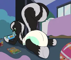 Size: 3689x3137 | Tagged: safe, artist:thesheepl, derpibooru import, oc, oc:zenawa skunkpony, unofficial characters only, earth pony, hybrid, pony, skunk, skunk pony, animal crossing, animal crossing: new horizons, bed, bedroom, claws, colt, diaper, diaper butt, diaper fetish, earth pony oc, fetish, foal, frog (hoof), gaming, hybrid oc, image, juice, lying down, male, nintendo, nintendo switch, non-baby in diaper, pacifier, paws, png, poofy diaper, prone, raised tail, rear view, smiling, solo, sploot, tail, underhoof, video game