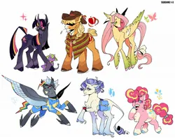 Size: 2048x1627 | Tagged: safe, artist:finnspaace, derpibooru import, applejack, fluttershy, pinkie pie, rainbow dash, rarity, spike, twilight sparkle, dragon, earth pony, pegasus, pony, unicorn, alternate color palette, alternate cutie mark, alternate design, alternate eye color, alternate mane color, alternate tailstyle, applejack's hat, applejacked, baby, baby spike, bag, beard, beauty mark, blaze (coat marking), blonde mane, blonde tail, blue coat, blushing, body freckles, bow, braid, braided pigtails, cape, chest fluff, clothes, cloven hooves, coat markings, colored belly, colored eartips, colored eyebrows, colored horn, colored muzzle, colored pinnae, colored wings, colored wingtips, concave belly, cowboy hat, curly mane, curly tail, curved horn, dappled, ear fluff, ear piercing, ear tufts, earring, eye clipping through hair, eyebrows, eyebrows visible through hair, eyes closed, facial hair, facial markings, female, flying, freckles, g4, glasses, goggles, goggles on head, gradient horn, gradient legs, gradient wings, green eyes, group, hair bun, hairpin, hat, hat over eyes, height difference, holding, horn, horseshoes, image, jewelry, jpeg, leg freckles, leonine tail, lidded eyes, long legs, long mane, long tail, male, mane six, mare, mealy mouth (coat marking), mouth hold, multicolored eyes, multicolored hair, multicolored mane, multicolored tail, multicolored wings, muscles, no mouth, one eye closed, open mouth, open smile, orange coat, pale belly, piercing, pigtails, pincushion, pink coat, pink eyes, pink mane, pink tail, profile, purple coat, purple mane, purple tail, quill pen, rainbow hair, rainbow tail, raised hoof, redesign, saddle bag, scroll, short, short tail, signature, simple background, smiling, socks (coat marking), sparkly mane, sparkly tail, spread wings, star (coat marking), straw in mouth, tail, tail bow, tallershy, tied hair, tied tail, torn ear, twitterina design, two toned mane, two toned tail, unicorn twilight, uniform, unshorn fetlocks, wall of tags, wavy mane, wavy tail, white background, white coat, wing fluff, wing freckles, wingding eyes, winged spike, wings, wonderbolts uniform, yellow coat, younger