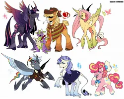 Size: 2048x1627 | Tagged: safe, artist:finnspaace, derpibooru import, applejack, fluttershy, pinkie pie, rainbow dash, rarity, spike, twilight sparkle, twilight sparkle (alicorn), alicorn, bat pony, dragon, earth pony, hybrid, pegasus, pony, unicorn, alternate color palette, alternate cutie mark, alternate design, alternate eye color, alternate mane color, alternate tailstyle, applejack's hat, applejacked, bat ponified, beard, beauty mark, blaze (coat marking), blonde mane, blonde tail, blue coat, blushing, body freckles, bomber jacket, bow, braid, braided pigtails, cape, chef's hat, chest fluff, clothes, cloven hooves, coat markings, colored belly, colored eartips, colored eyebrows, colored horn, colored muzzle, colored pinnae, colored wings, colored wingtips, concave belly, cowboy hat, curly mane, curly tail, curved horn, dappled, ear fluff, ear piercing, ear tufts, earring, eye clipping through hair, eyebrows, eyebrows visible through hair, eyes closed, facial hair, facial markings, fangs, female, flutterbat, flying, freckles, g4, glasses, goggles, goggles on head, gradient horn, gradient legs, gradient wings, green eyes, group, hat, hat over eyes, height difference, holding, horn, horseshoes, image, jacket, jewelry, jpeg, leg freckles, leonine tail, lidded eyes, long legs, long mane, long tail, male, mane six, mare, mealy mouth (coat marking), mouth hold, multicolored hair, multicolored mane, multicolored tail, multicolored wings, muscles, no mouth, one eye closed, open mouth, open smile, orange coat, pale belly, piercing, pigtails, pink coat, pink eyes, pink mane, pink tail, profile, purple coat, purple mane, purple tail, quill pen, race swap, rainbow hair, rainbow tail, raised hoof, redesign, ribbon, scroll, short, short tail, signature, simple background, smiling, socks (coat marking), sparkly mane, sparkly tail, spread wings, straw in mouth, tail, tail bow, tallershy, tied hair, tied tail, torn ear, twitterina design, two toned mane, two toned tail, unshorn fetlocks, wall of tags, wavy mane, wavy tail, white background, white coat, wing fluff, wing freckles, wingding eyes, winged spike, wings, yellow coat