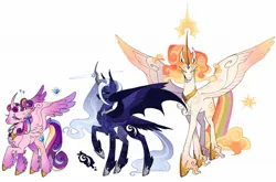 Size: 2048x1349 | Tagged: safe, artist:finnspaace, derpibooru import, princess cadance, princess celestia, princess luna, alicorn, pony, alternate color palette, alternate cutie mark, alternate design, alternate hair color, alternate hairstyle, alternate tailstyle, bat wings, big ears, blue coat, blue eyes, blue mane, blue tail, chest fluff, coat markings, colored eartips, colored eyebrows, colored eyelashes, colored fetlocks, colored muzzle, colored pinnae, colored wings, colored wingtips, concave belly, curved horn, dock, dock fluff, ear fluff, ear tufts, ethereal mane, ethereal tail, eyes closed, female, four wings, g4, gradient ears, gradient horn, gradient wings, hairpin, heart, heart eyes, height difference, hoof shoes, horn, horn cap, horn jewelry, horn ring, image, jewelry, jpeg, leg fluff, lidded eyes, long legs, long mane, long tail, magic, mare, multicolored mane, multicolored tail, multiple wings, peytral, pink coat, princess shoes, purple mane, purple tail, rainbow tail, raised hoof, redesign, ring, royal sisters, short, siblings, signature, simple background, sisters, smiling, spread wings, standing, starry coat, starry legs, starry mane, starry tail, starry wings, tail, tall, thick eyelashes, tied hair, trio, trio female, twitterina design, unshorn fetlocks, wall of tags, wavy mane, wavy tail, white background, white coat, wing fluff, wingding eyes, wings