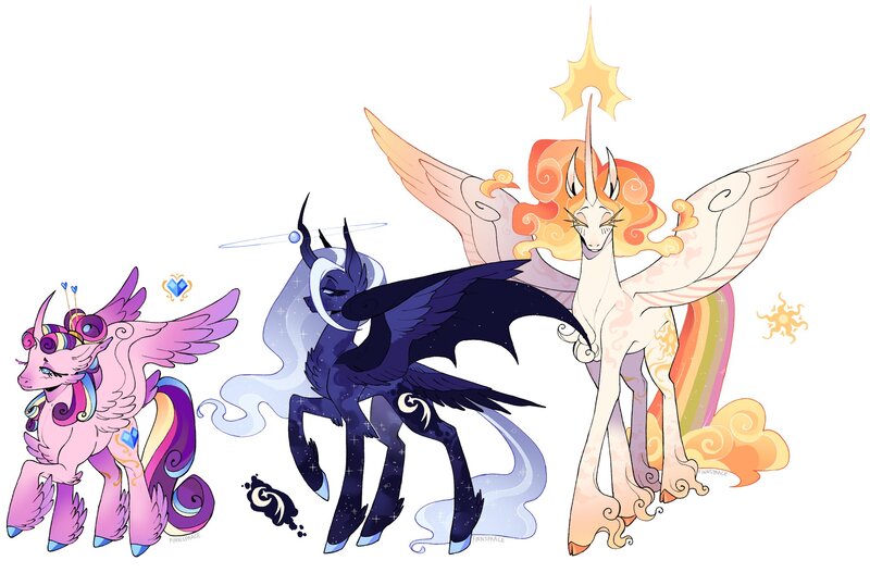 Size: 2048x1349 | Tagged: safe, artist:finnspaace, derpibooru import, princess cadance, princess celestia, princess luna, alicorn, pony, alternate color palette, alternate cutie mark, alternate design, alternate hair color, alternate hairstyle, alternate tailstyle, bat wings, big ears, blue coat, blue eyes, blue mane, blue tail, chest fluff, cloven hooves, coat markings, colored eartips, colored eyebrows, colored eyelashes, colored fetlocks, colored hooves, colored muzzle, colored pinnae, colored wings, colored wingtips, concave belly, curved horn, dock, dock fluff, ear fluff, ear tufts, ethereal mane, ethereal tail, eyes closed, female, four wings, g4, gradient ears, gradient horn, gradient wings, hairpin, heart, heart eyes, height difference, horn, image, jpeg, leg fluff, lidded eyes, long legs, long mane, long tail, magic, mare, multicolored mane, multicolored tail, multiple wings, pink coat, purple mane, purple tail, rainbow tail, raised hoof, redesign, royal sisters, shiny hoof, short, siblings, signature, simple background, sisters, smiling, spread wings, standing, starry coat, starry legs, starry mane, starry tail, starry wings, tail, tall, thick eyelashes, tied hair, trio, trio female, twitterina design, unshorn fetlocks, wall of tags, wavy mane, wavy tail, white background, white coat, wing fluff, wingding eyes, wings