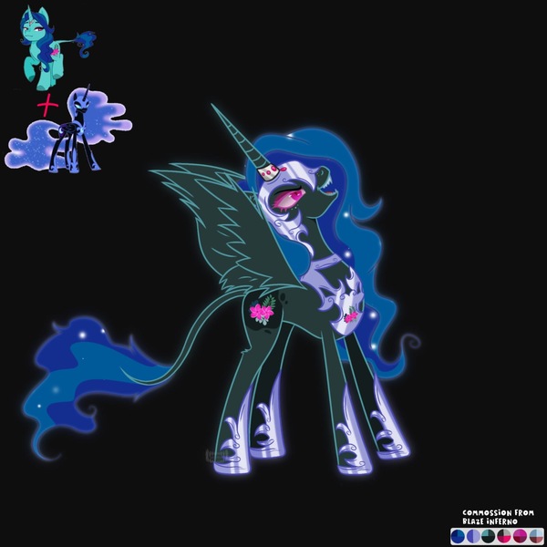 Size: 1600x1600 | Tagged: safe, artist:artsypaws, derpibooru import, nightmare moon, oc, oc:tropical serenity, alicorn, pony, unicorn, alicorn oc, armor, commission, cutie mark, derpibooru exclusive, design, evil, evil grin, female, g4, glow, grin, horn, image, jewelry, jpeg, laughing, mane, mare, photo, regalia, sharp teeth, slender, smiling, spread wings, tail, teeth, thin, wings