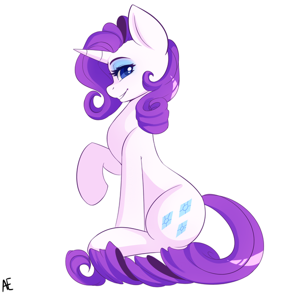 Size: 1600x1600 | Tagged: safe, artist:spittfireart, derpibooru import, part of a set, rarity, pony, unicorn, colored pupils, cute, eyebrows, eyeshadow, female, g4, horn, image, lidded eyes, looking at you, makeup, mare, png, profile, raised hoof, raribetes, signature, simple background, sitting, smiling, smiling at you, solo, white background