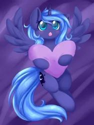 Size: 2250x3000 | Tagged: safe, artist:lustrous-dreams, artist:spittfireart, derpibooru import, princess luna, alicorn, pony, cute, female, filly, filly luna, g4, heart, heart pillow, high res, horn, hug, image, lunabetes, lying down, on back, open mouth, pillow, pillow hug, png, solo, spread wings, wings, woona, younger