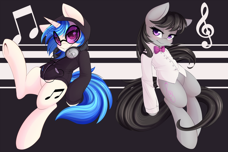 Size: 2000x1333 | Tagged: safe, artist:spittfireart, derpibooru import, octavia melody, vinyl scratch, earth pony, pony, unicorn, blushing, bow, bowtie, clothes, cute, duo, duo female, female, g4, headphones, hoodie, horn, image, looking at you, mare, music notes, png, shirt, smiling, smiling at you, tavibetes, underhoof, vinyl's glasses, vinylbetes