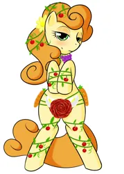 Size: 1000x1400 | Tagged: suggestive, artist:kloudmutt, derpibooru import, carrot top, golden harvest, earth pony, pony, semi-anthro, bedroom eyes, bondage, eyelashes, female, flower, flower in hair, food, g4, gift wrapped, grapes, image, mare, png, rose, simple background, vine, white background