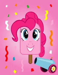 Size: 1024x1322 | Tagged: safe, artist:ask-lyrathepony, derpibooru import, pinkie pie, ponified, food pony, original species, pony, confetti, female, food, g4, grin, image, jpeg, looking at you, mare, party cannon, pink background, popsicle, popsicle pony, simple background, smiling, solo