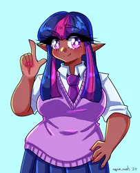 Size: 2272x2798 | Tagged: safe, artist:mylittleyuri, derpibooru import, twilight sparkle, human, blush lines, blushing, breasts, busty twilight sparkle, dark skin, elf ears, female, g4, hand on hip, high res, humanized, image, light blue background, looking at you, necktie, png, simple background, smiling, smiling at you, solo, starry eyes, sweater vest, wingding eyes