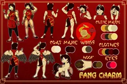 Size: 6017x3976 | Tagged: safe, artist:littletigressda, derpibooru import, oc, oc:fang charm, anthro, bird, pegasus, pony, cheongsam, chinese dragon, chinese new year, chinese text, clothes, commission, cutie mark, female, hooves, image, lantern, leggings, leotard, mare, moon runes, muscles, muscular female, one-piece swimsuit, paper lantern, png, red dress, red eyes, reference sheet, shoes, spread wings, swimsuit, wings