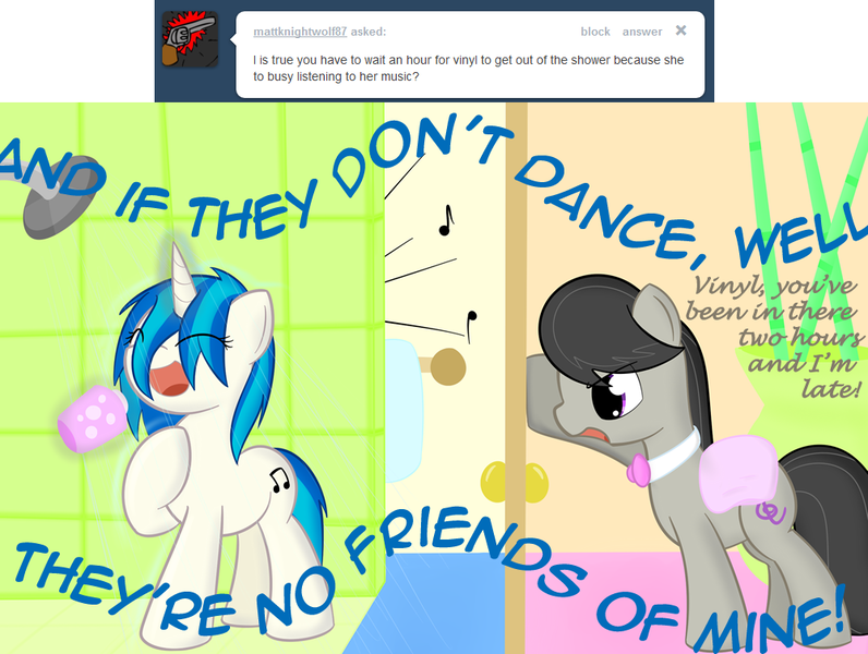Size: 1000x754 | Tagged: safe, artist:erthilo, derpibooru import, octavia melody, vinyl scratch, earth pony, unicorn, ask octavia, ask, bathroom, g4, horn, image, lyrics, men without hats, png, shower, song reference, text, the safety dance, tumblr